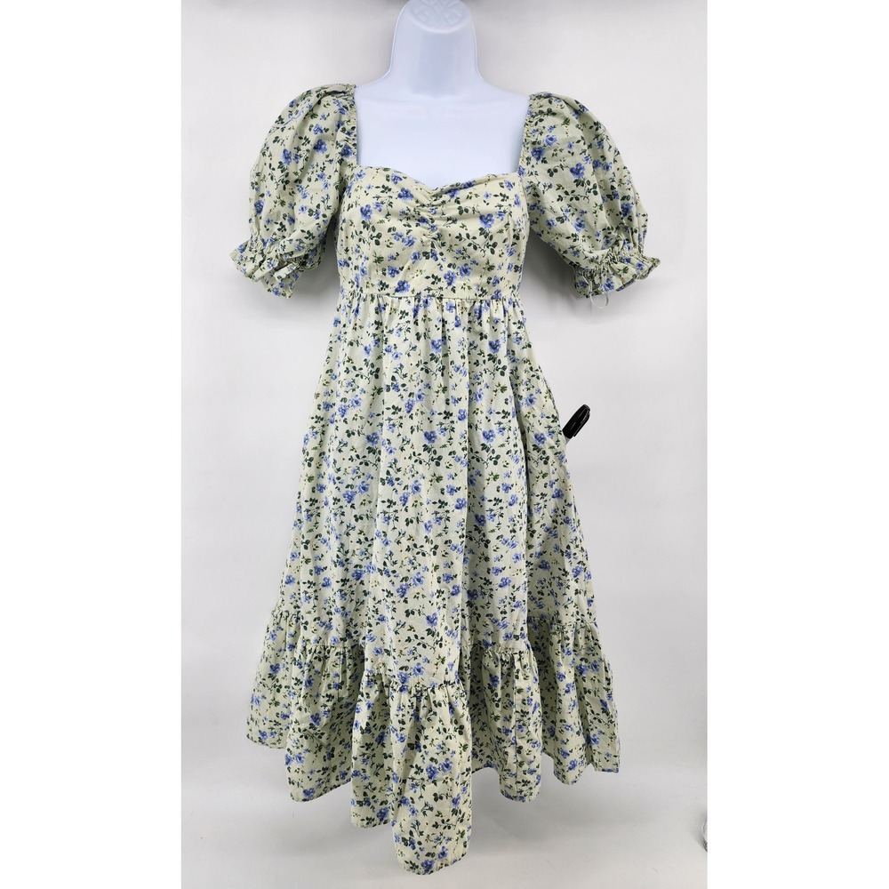 Abercrombie & Fitch Women XSP Blue Floral Puff Sleeve Smocked Midi Dress Green